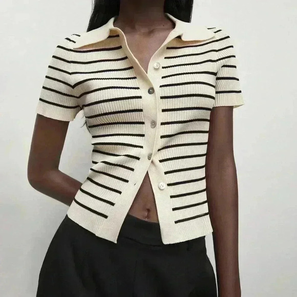 Apricot Casual Women's Lapel Striped Button Knitted Sweater - Picture 2 of 7